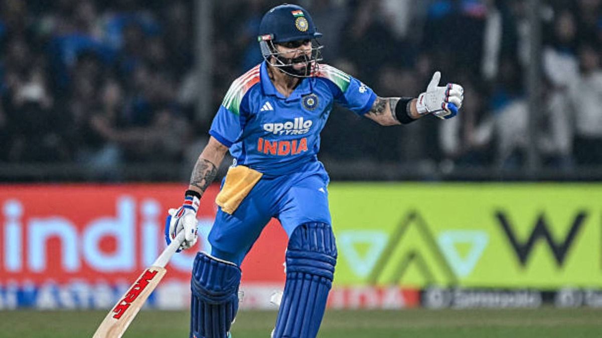 India's Virat Kohli reacts after playing a shot during the third one-day international (ODI) cricket match between India and New Zealand at the Holkar Cricket Stadium in Indore (via Getty)