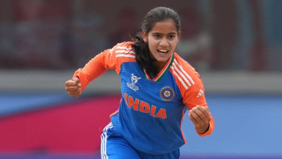 Vaishnavi Sharma of India celebrates a wicket during the ICC Women's U19 T20 World Cup 2025, second semifinals match between India and England at Bayuemas Oval (via Getty)