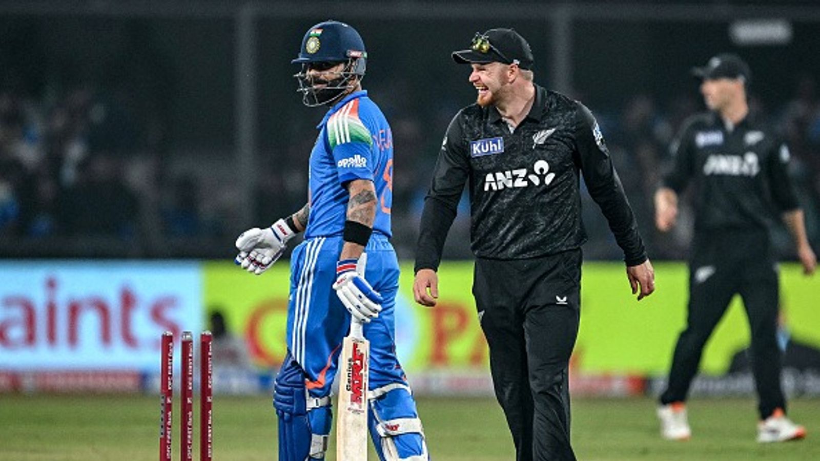 Sanjay Manjrekar's shocking 'no big deal' take on India's series defeat against New Zealand goes viral Virat Kohli (L) and New Zealand's Glenn Phillips share a light moment during the third one-day international (ODI) cricket match between India and New Zealand (Getty)