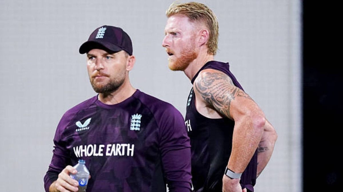 England's Ben Stokes with head coach Brendon McCullum during a nets session at The Gabba, Brisbane (via Getty)