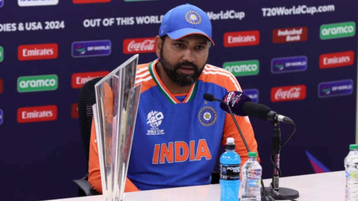 Rohit Sharma of India speaks to the media at a press conference after the ICC Men's T20 Cricket World Cup West Indies & USA 2024 Final match between South Africa and India at Kensington Oval (via Getty)