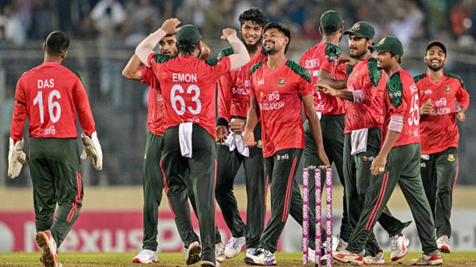 ICC's big move drops major hint at Bangladesh's T20 World Cup participation Bangladesh's players celebrate their team's win at the end of the second Twenty20 international cricket match between Bangladesh and Pakistan at the Sher-e-Bangla National Cricket Stadium in Dhaka (via Getty)