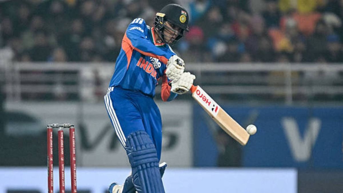 India's Abhishek Sharma plays a shot during the second Twenty20 international cricket match between India and South Africa at the Maharaja Yadavindra Singh International Cricket Stadium (via Getty)