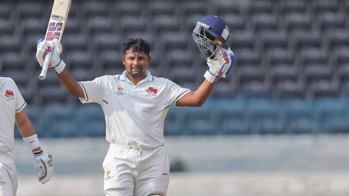 Sarfaraz Khan celebrates after scoring double-century for Mumbai in the Ranji Trophy clash against Hyderabad (via X) Sarfaraz Khan celebrates after scoring double-century for Mumbai in the Ranji Trophy clash against Hyderabad (via X)