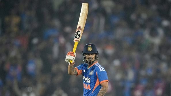  Ishan Kishan celebrates after scoring a half-century (50 runs) during the second Twenty20 international cricket match between India and New Zealand