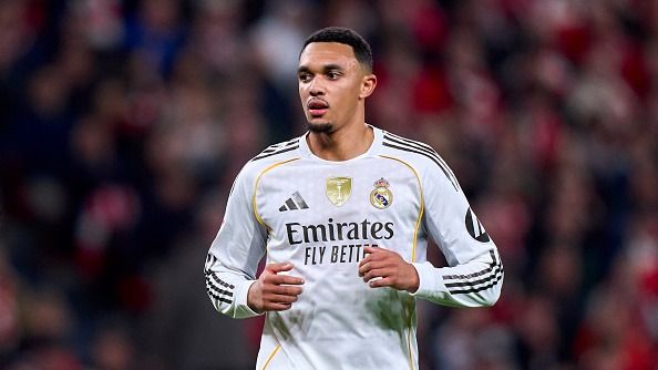 Trent Alexander-Arnold of Real Madrid CF looks on during the LaLiga EA Sports match between Athletic Club and Real Madrid CF at Estadio de San Mames on December 03, 2025 in Bilbao, Spain.