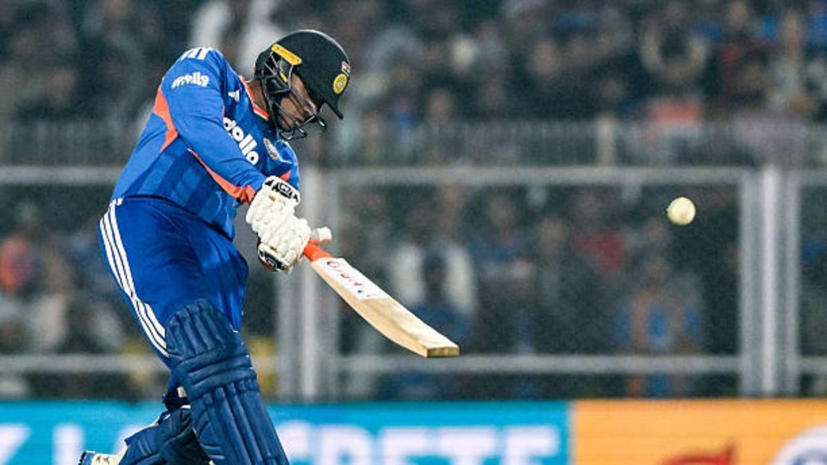 India's Abhishek Sharma plays a shot during the third Twenty20 international cricket match between India and New Zealand at the Barsapara Cricket Stadium in Guwahati (via Getty)