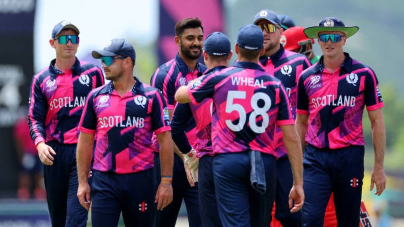 'Not how we wanted to go...': Scotland breaks silence on Bangladesh's ouster from T20 World Cup Players of Scotland celebrate a wicket during the ICC Men's T20 Cricket World Cup West Indies & USA 2024 match between Oman and Scotland at Sir Vivian Richards Stadium (via Getty)
