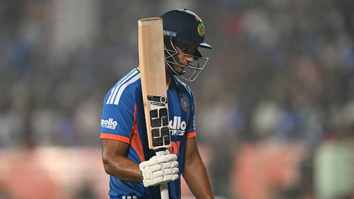 India's Shivam Dube walks back to the pavilion after his dismissal during the fourth Twenty20 international cricket match between India and New Zealand at the Y.S. Rajasekhara Reddy Cricket Stadium in Visakhapatnam (via Getty)