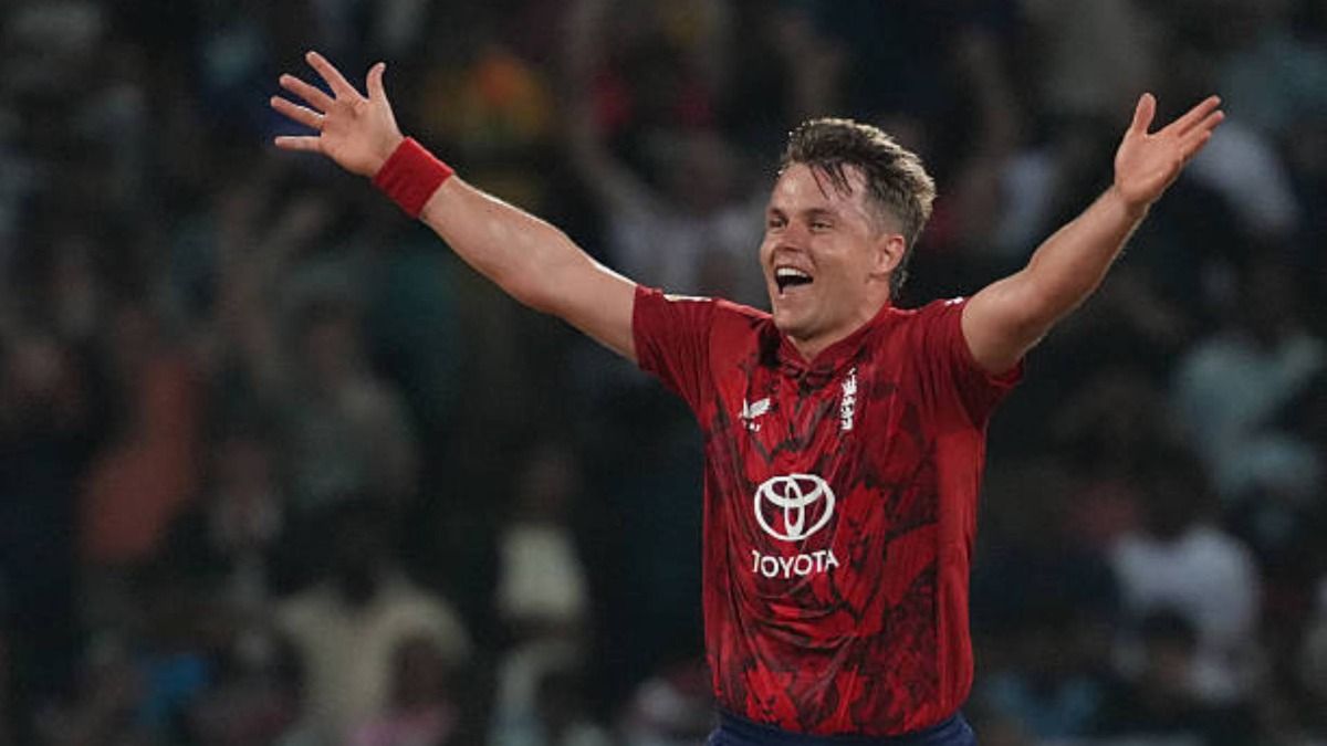 Sam Curran of England celebrates his Hat-trick wicket after dismiss Matheesha Pathirana (not in picture) of Sri Lanka during the 1st International T20 match between Sri Lanka and England (via Getty)