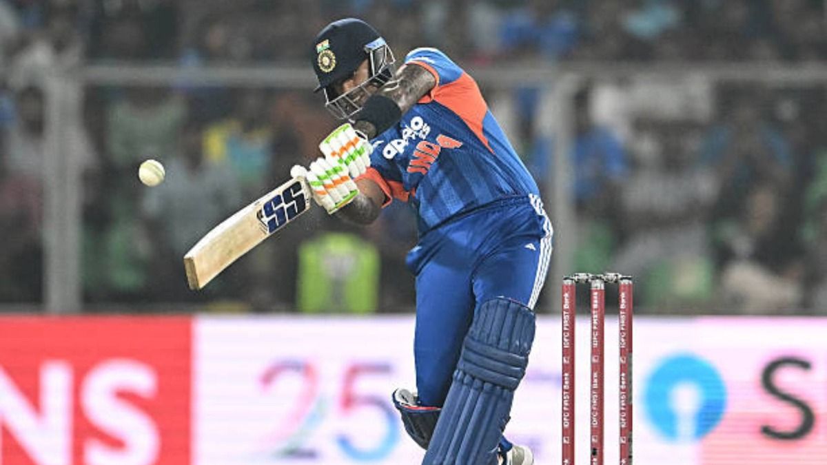 India's captain Suryakumar Yadav plays a shot during the fifth and final Twenty20 international cricket match between India and New Zealand at the Greenfield International Stadium (via Getty)