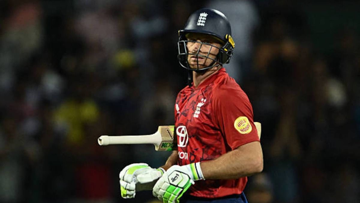 England's Jos Buttler walks back to the pavilion after his dismissal during the second Twenty20 international cricket match between Sri Lanka and England at the Pallekele International Cricket Stadium (via Getty)