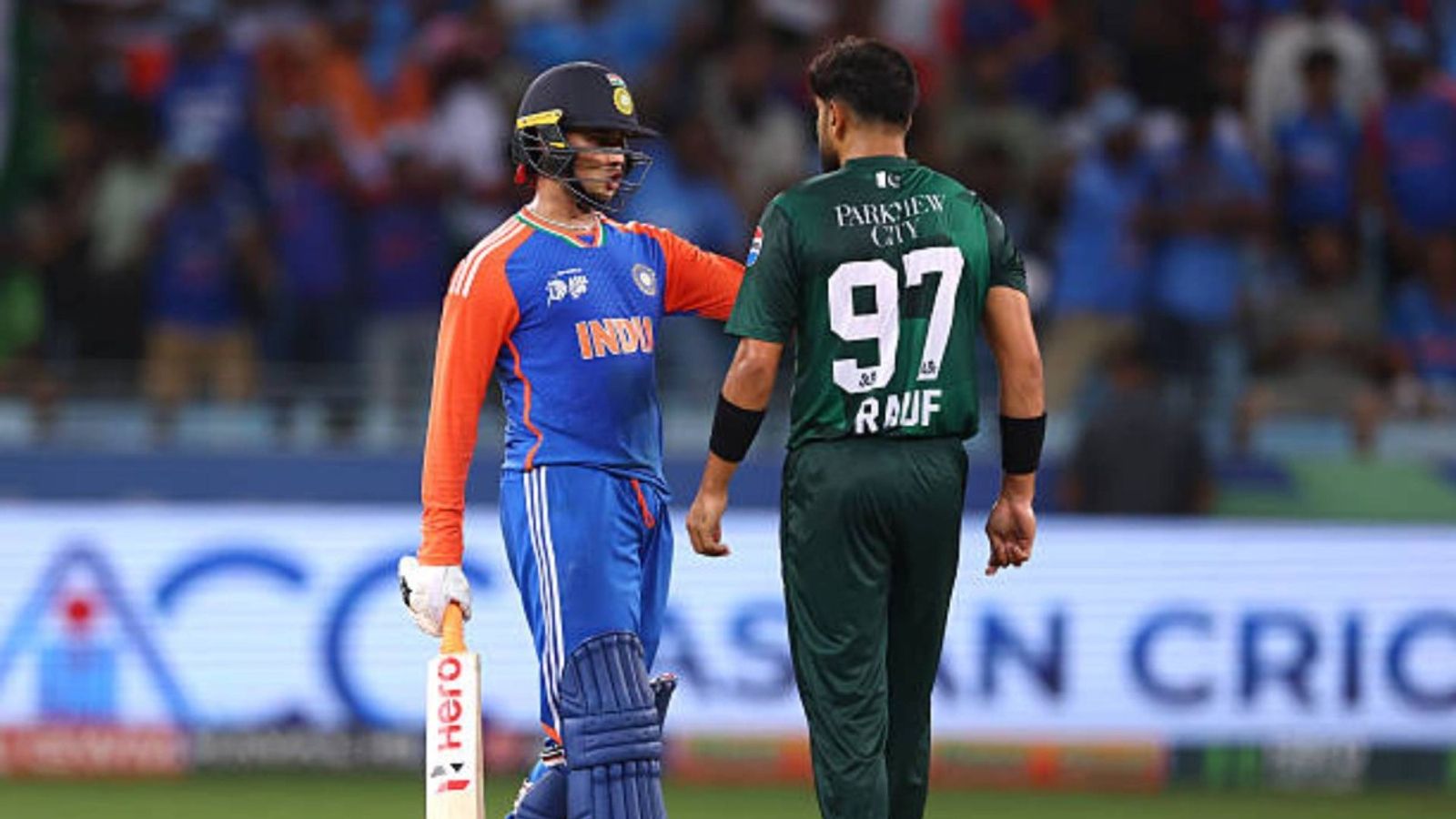 'They are not in the same league...': Sanjay Manjrekar explains why IND vs PAK clash is 'not a big deal' anymore Abhishek Sharma of India speaks to Haris Rauf of Pakistan during the Asia cup match between India and Pakistan at Dubai International Stadium (via Getty)