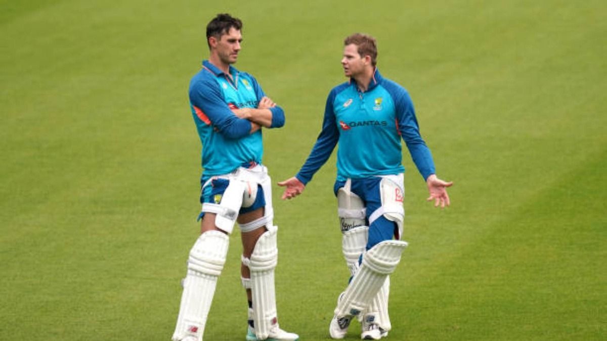 Australia's Pat Cummins (left) and Steve Smith during a nets session ahead of the fifth LV= Insurance Ashes Series test match at The Kia Oval (via Getty)