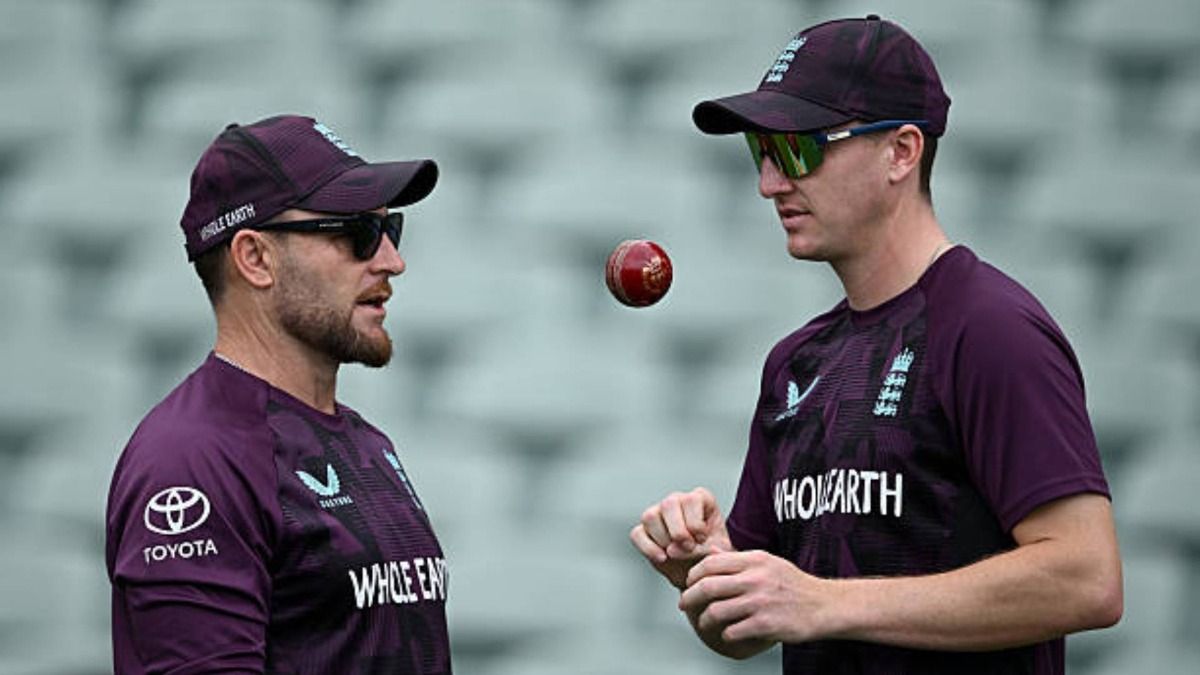 Harry Brook of England speaks with coach Brendon McCullum during an England nets session at Adelaide Oval (via Getty)