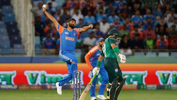 Jasprit Bumrah of India bowls during the match between India and Pakistan at Dubai International Stadium