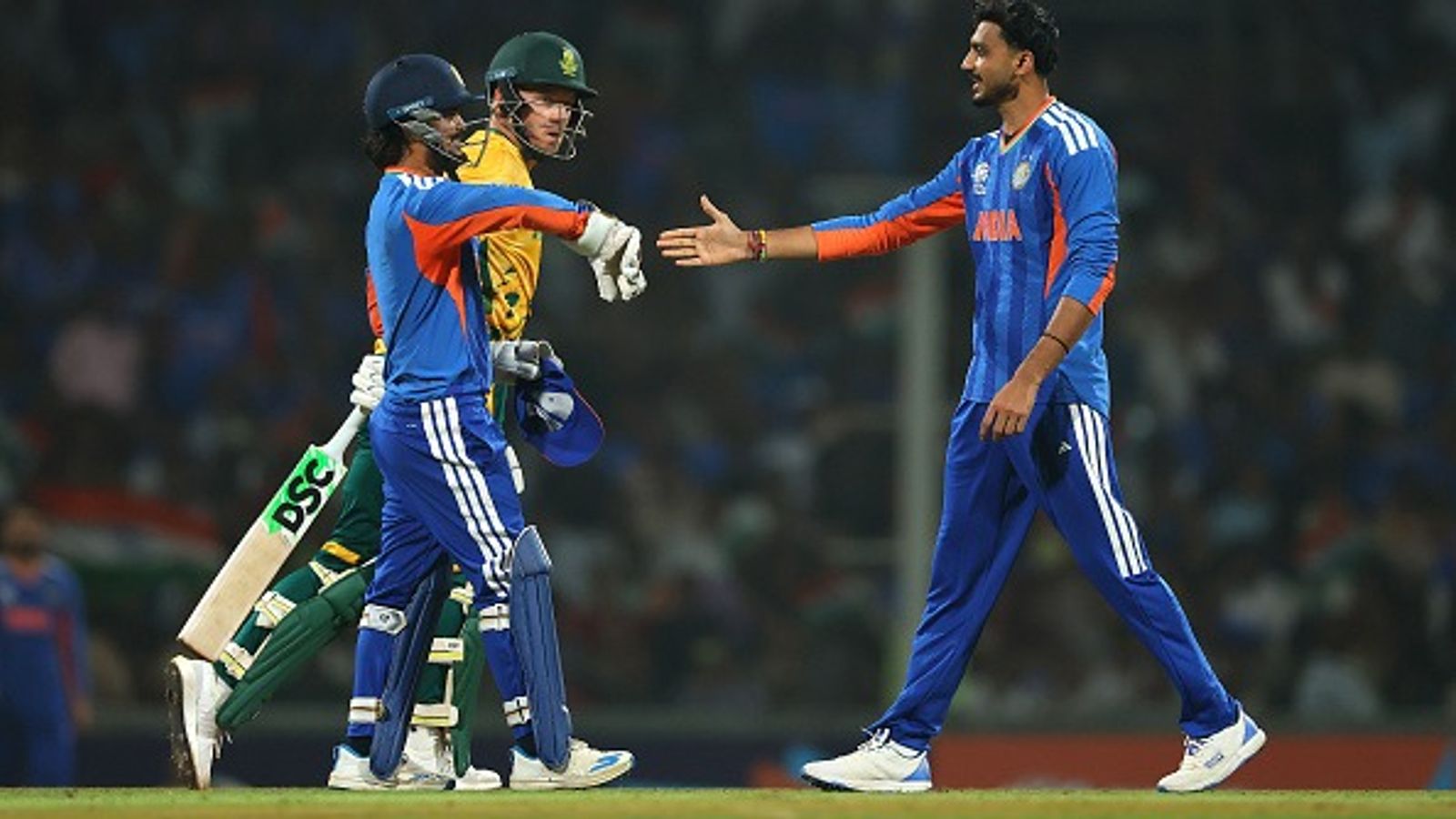 IND vs SA: India crush South Africa by 30 runs in six-hitting T20 warm-up clash ahead of T20 World Cup 2026 Axar Patel and Ishan Kishan of India celebrate the wicket of David Miller of South Africa with teammates during a warm up match between India and South Africa prior to the ICC Men's T20 World Cup (Getty)
