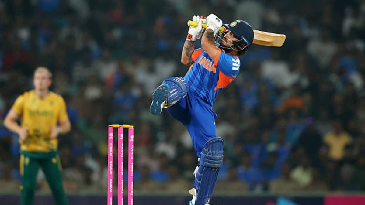 Ishan Kishan of India bats during a warm up match between India and South Africa prior to the ICC Men's T20 World Cup India & Sri Lanka 2026 at DY Patil Stadium (via Getty)