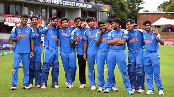 Henil Patel, Vihaan Malhotra, Kanishk Chouhan, Vaibhav Sooryavanshi, Khilan A. Patel, Mohammed Enaan, Aaron George, Ayush Mhatre, Vedant Trivedi and Abhigyan Kundu of India pose for a photo after victory in the ICC U19 Men's Cricket World Cup 2026 (Getty)
