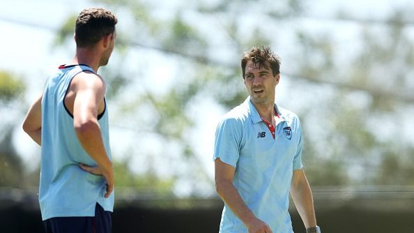 Pat Cummins and Josh Hazlewood bowl during a practice session at Cricket Central on November 25, 2025 in Sydney, Australia.