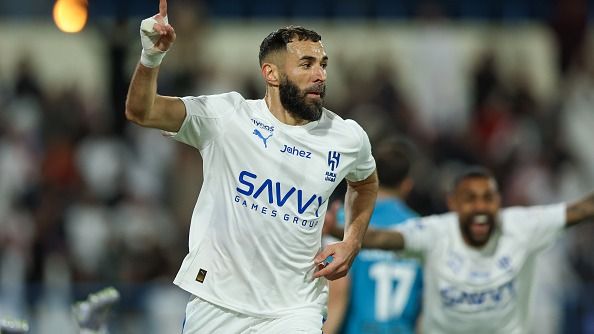 Karim Benzema of Al Hilal celebrates after scoring the opening goal during the Saudi pro league match between Al Okhdood and Al Hilal at Prince Hathloul Bin Abdulaziz Sport City Stadium on February 5, 2026 in Najran, Saudi Arabia.
