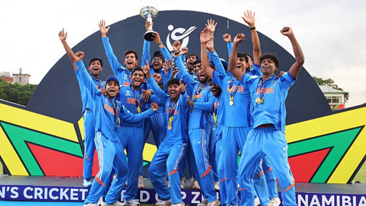 Players of India celebrate after winning the ICC U19 Men´s Cricket World Cup 2026 following the ICC U19 Men's Cricket World Cup 2026 Final between England and India at Harare Sports Club (via Getty)