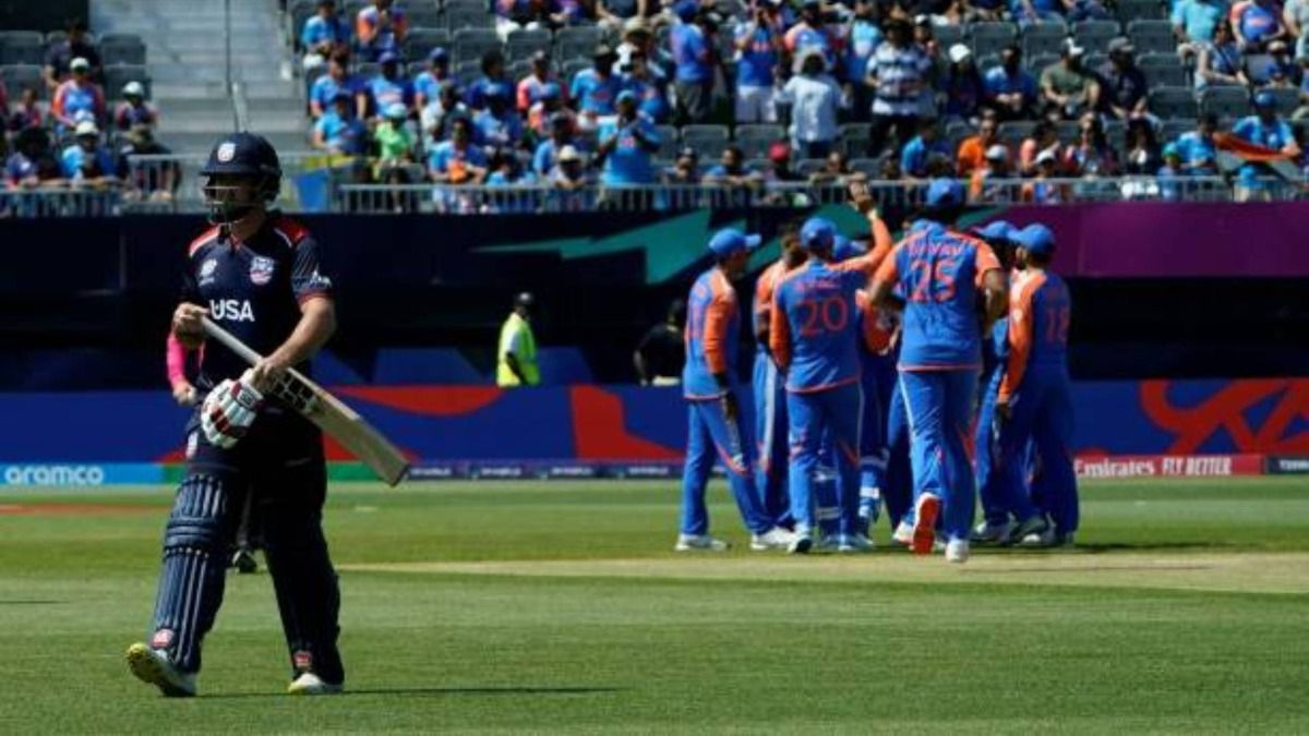 USA's Andries Gous is caught out during the ICC men's Twenty20 World Cup 2024 group A cricket match between the USA and India at Nassau County International Cricket Stadium (via Getty)