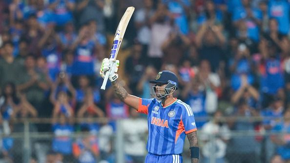 Suryakumar Yadav celebrates after scoring a half-century (50 runs) during the ICC Men's T20 World Cup India & Sri Lanka 2026 match between India and USA (Getty)
