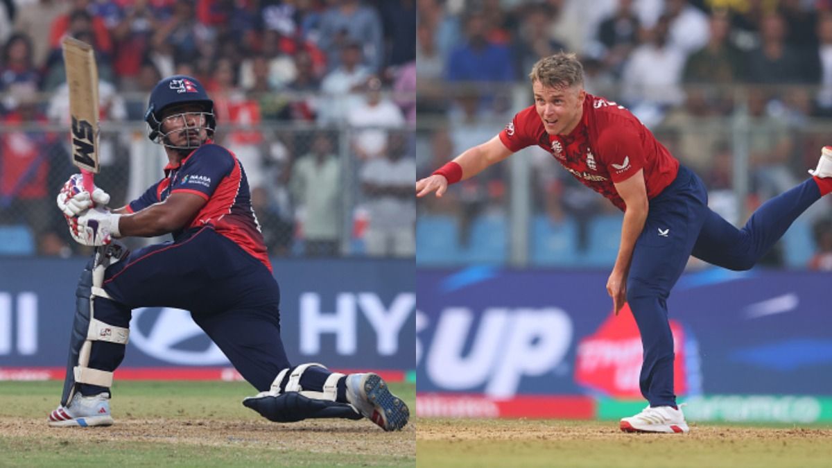 Nepal's Lokesh Bam (L) and England's Sam Curran in frame. (Getty)