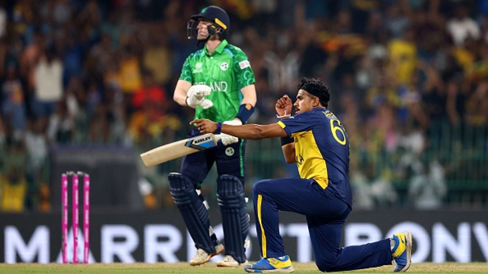 T20 World Cup: Theekshana, Hasaranga's heroics help Sri Lanka eke out 20-run win over Ireland Sri Lanka's Maheesh Theekshana (R) celebrates the wicket of Ireland's Gareth Delany in this frame. (Getty)