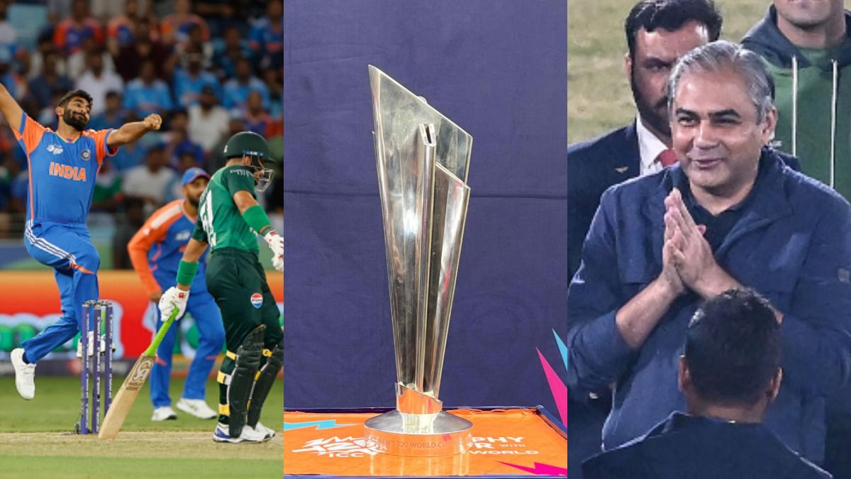 India vs Pakistan along with T20 World Cup trophy and Mohsin Naqvi (Getty)