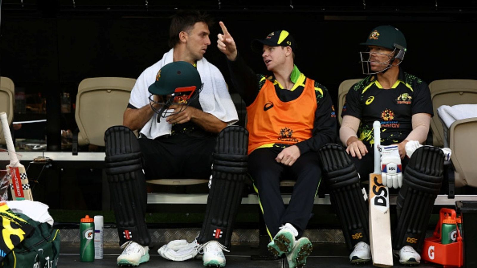Mitchell Marsh ruled out of Australia's T20 World Cup 2026 opener, Steve Smith on flight to Sri Lanka Mitchell Marsh, Steve Smith and David Warner of Australia sit in the dug out.