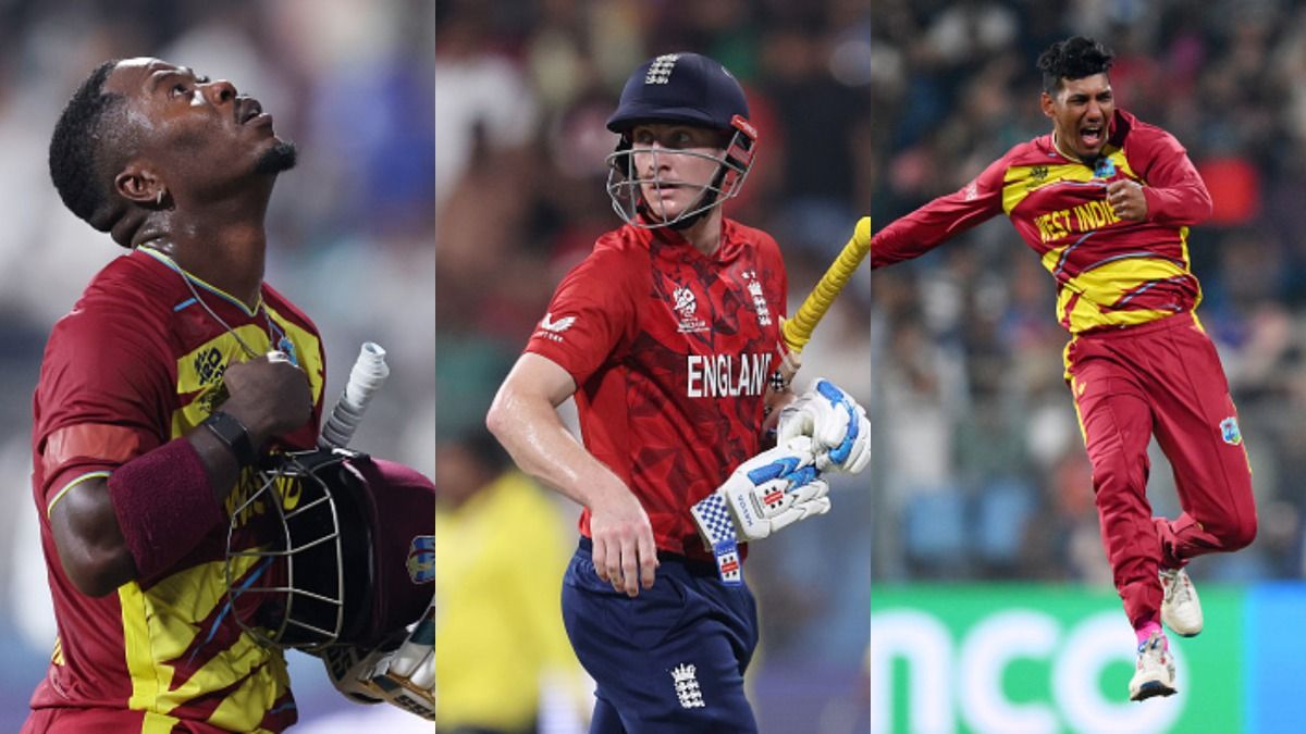 West Indies' Sherfane Rutherford (L), Gudakesh Motie (R) and England's Harry Brook in frame. (Getty)