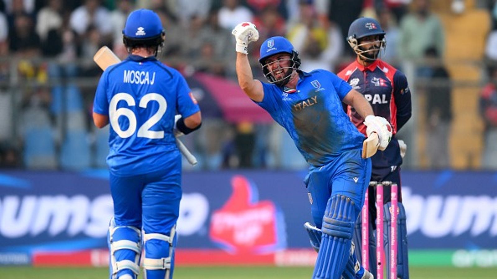 T20 World Cup: Italy stun Nepal by 10 wickets as Mosca brothers script cricketing fairytale Italy's Anthony Mosca (R) celebrates with Justin Mosca after beating Nepal by 10 wickets in their T20 World Cup. (Getty)