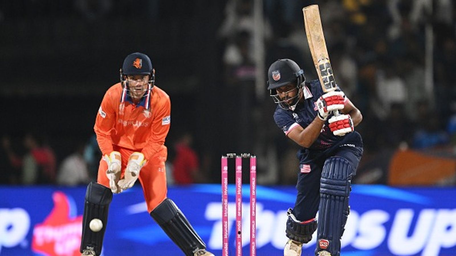 T20 World Cup: Saiteja's 79, Harmeet's 4-fer power USA to historic 93-win over Netherlands USA's star batter Saiteja Mukkamalla (R) plays a shot in this frame. (Getty)