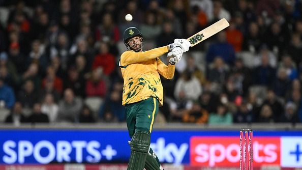 South Africa batsman Aiden Markram hits out during the 2nd Viatlity IT20 match between England and South Africa at Emirates Old Trafford on September 12, 2025 in Manchester, England.