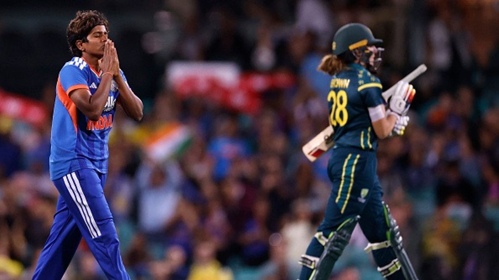 IND vs AUS: Arundhati Reddy’s four-wicket haul guides India to 21-run DLS win over Australia Arundhati Reddy of India celebrates the wicket of Darcie Brown of Australia during game one of the Women's T20 International series between Australia and India (getty)