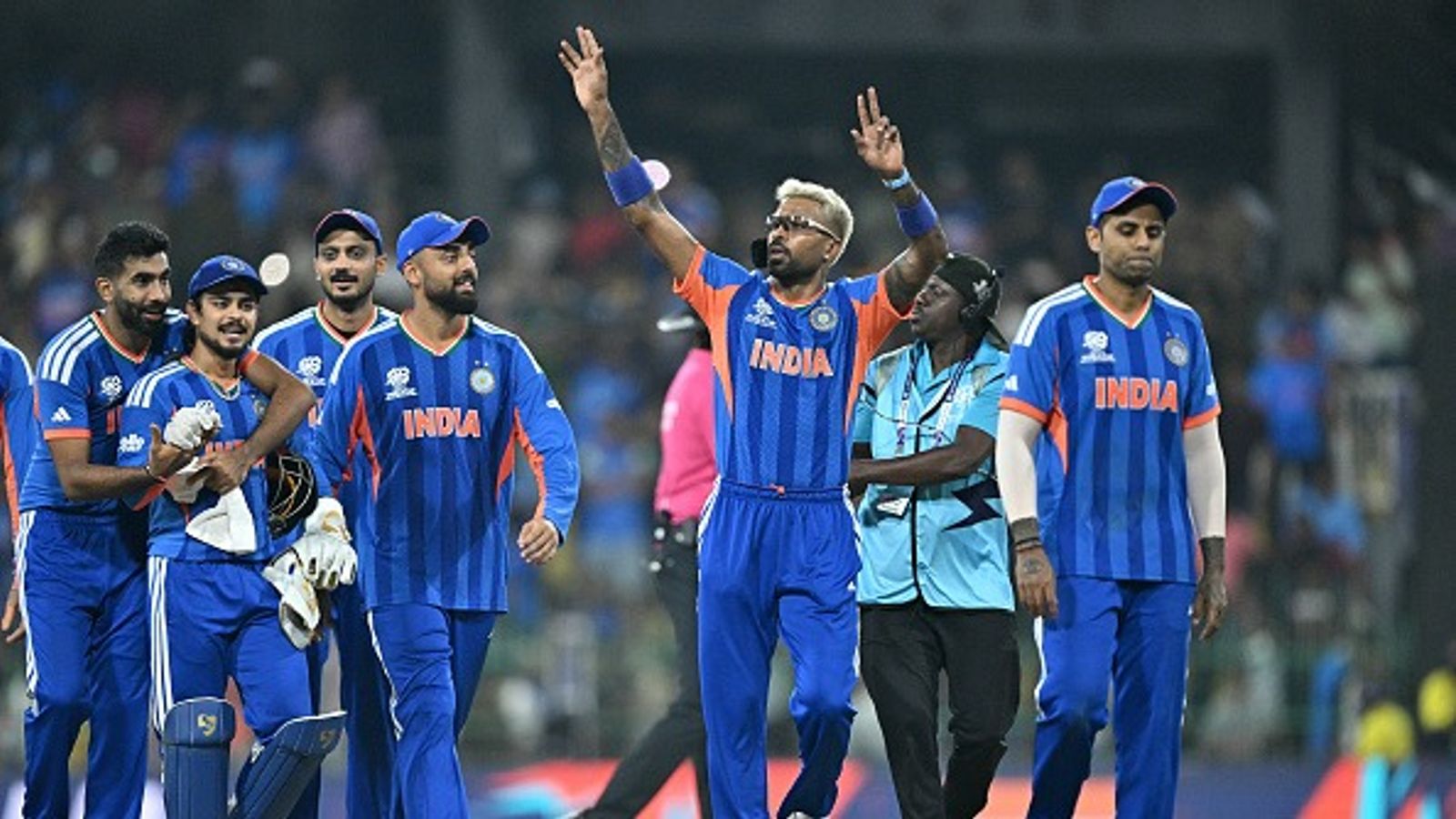 Suryakumar Yadav lauds Ishan Kishan after India's one-sided T20 World Cup win vs Pakistan (L-R) India's Jasprit Bumrah (L), Ishan Kishan, Axar Patel, Varun Chakravarthy, Hardik Pandya and captain Suryakumar Yadav celebrate their team's win against Pakistan
