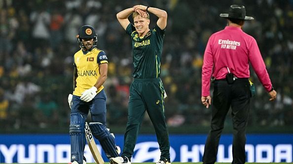 Australia's Nathan Ellis (C) reacts as Sri Lanka's Pathum Nissanka looks on in this frame. (Getty)