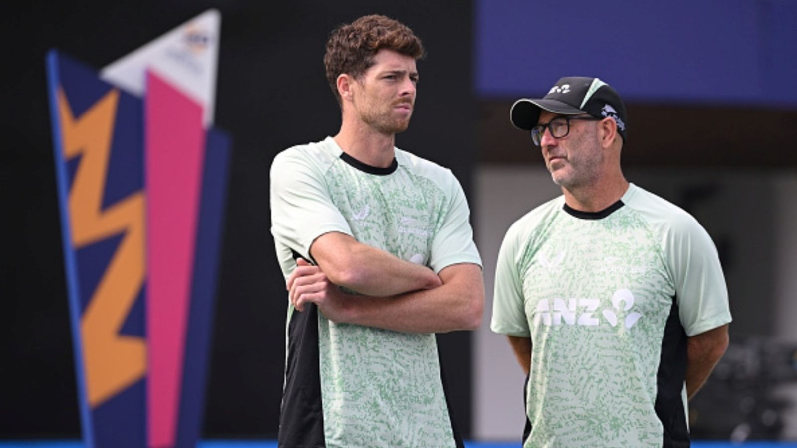 Mitchell Santner misses must-win clash due to 'dodgy burger', Daryl Mitchell makes captaincy debut Mitchell Santner of New Zealand and Rob Walter, Head Coach interact ahead of the ICC Men's T20 World Cup 2026 match against Canada at MA Chidambaram Stadium on February 17, 2026 in Chennai, India.