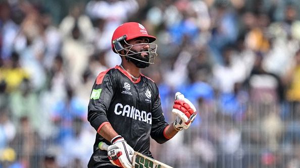 Canada's Yuvraj Samra celebrates after scoring a century (100 runs) during the 2026 ICC Men's T20 Cricket World Cup group stage match between Canada and New Zealand at the MA Chidambaram Stadium