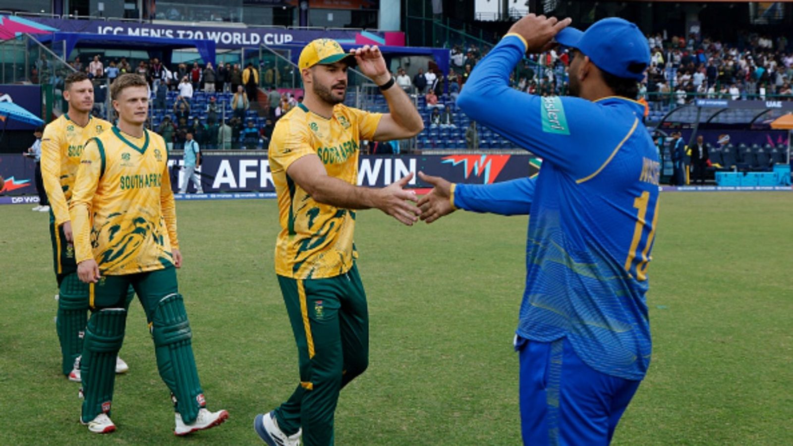 South Africa make it 4 in a row, ease past UAE with 6-wkt win after resting 4 key players South Africa and United Arab Emirates players shake hands following the ICC Men's T20 World Cup 2026 match at Arun Jaitley Stadium on February 18, 2026 in Delhi, India.