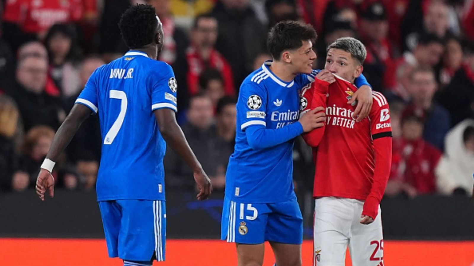 Will Benfica's Prestianni play UCL second leg vs Real Madrid? Analyst drops huge update amid racist remarks against Vinicius Jr Vinicius Jr, Gianluca Prestianni, Arda Guler in the frame (Image via Getty)