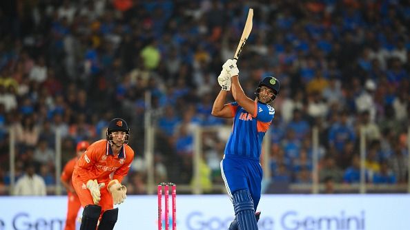 Shivam Dube of India hits a six during the ICC Men's T20 World Cup India & Sri Lanka 2026 match between India and Netherlands at Narendra Modi Stadium (getty)