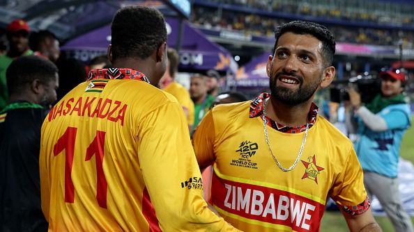 Zimbabwe captain Sikandar Raza (R) and his teammate Wellington Masakadza in this frame. (Getty)