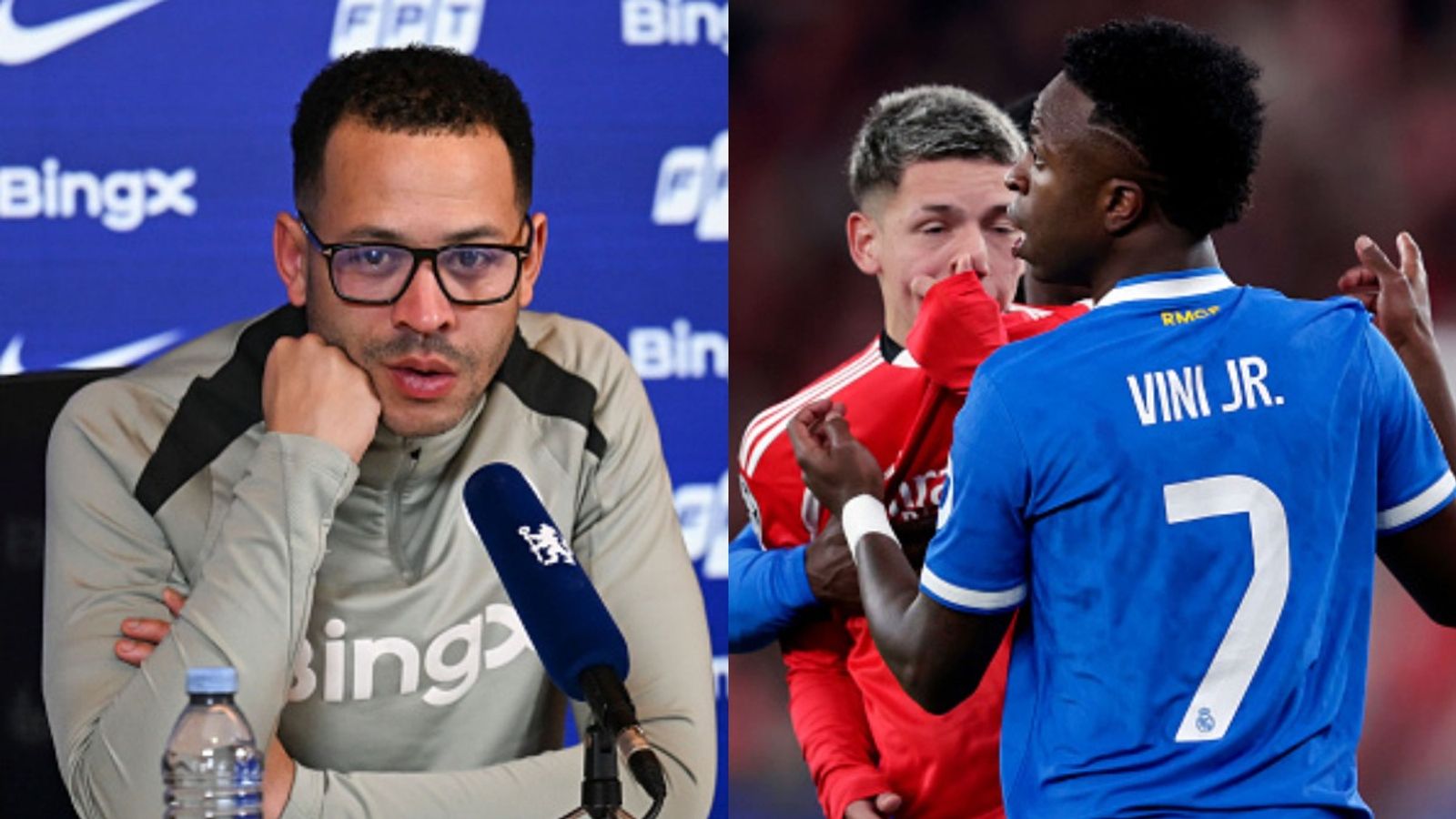 Chelsea boss Rosenior calls racism in football a lifetime ban offence amid Vinicius-Prestianni controversy Liam Rosenior, Vinicius, Prestianni in the frame (Images via Getty)
