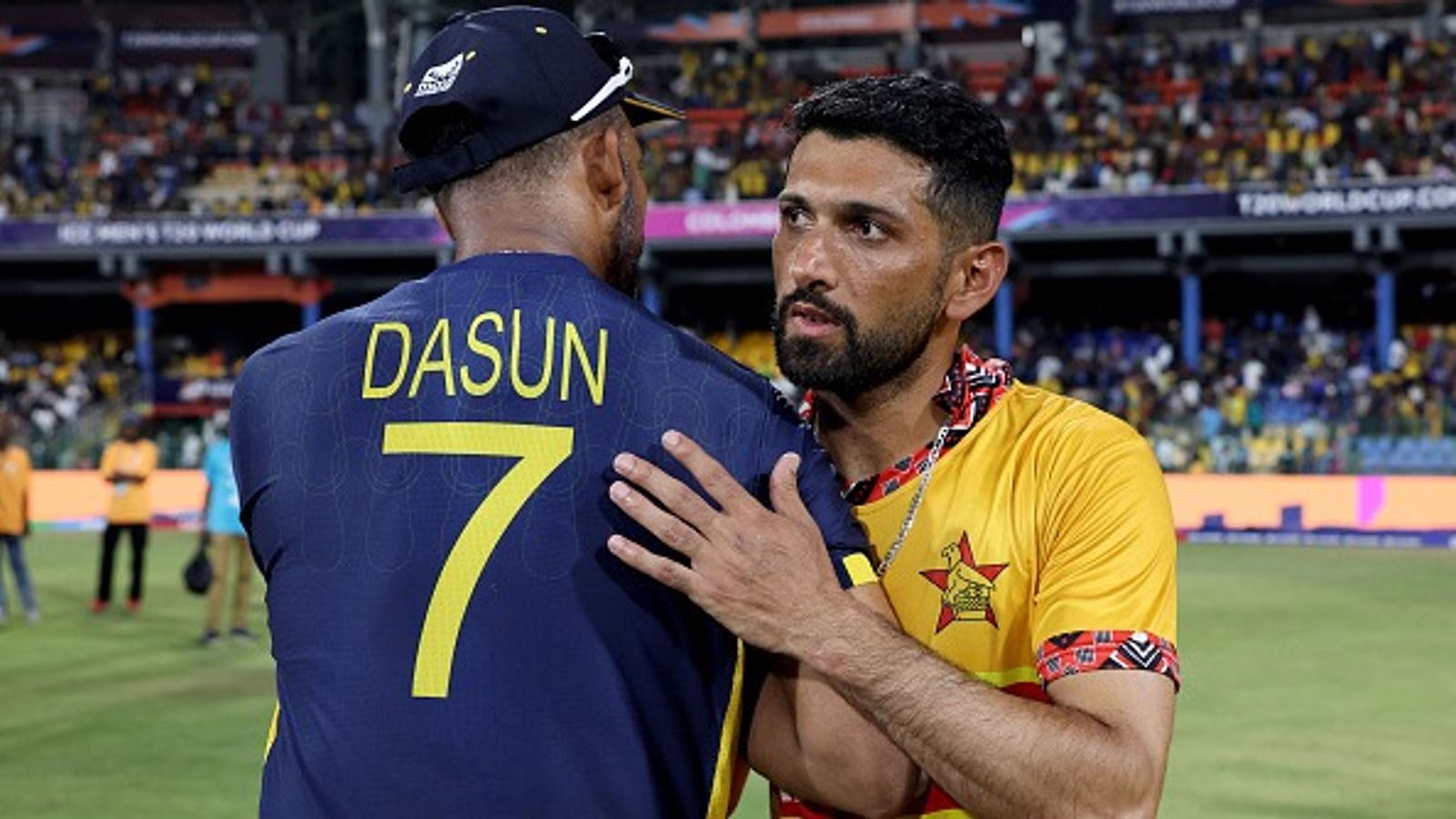 Sikandar Raza shatters Rohit Sharma's World Record after Zimbabwe left Sri Lanka stunned Zimbabwe captain Sikandar Raza hugs Sri Lanka skipper Dasun Shanaka in frame. (Getty)