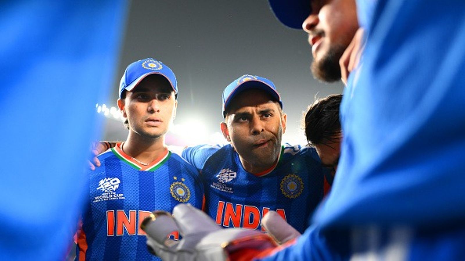 WATCH: Abhishek Sharma's pep talk goes viral ahead of India vs South Africa T20 World Cup 2026 Super 8 clash Abhishek Sharma and Suryakumar Yadav of India look on in the team huddle during the ICC Men's T20 World Cup (Getty)