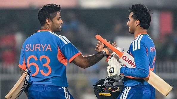 Abhishek Sharma (R) and captain Suryakumar Yadav celebrate their team's win (Getty)