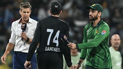 T20 World Cup: What is the cut-off time for PAK vs NZ Super 8 clash amidst rain intervention? Pakistan's captain Salman Agha (R) shakes hands with New Zealand's captain Mitchell Santner in this frame. (Getty)